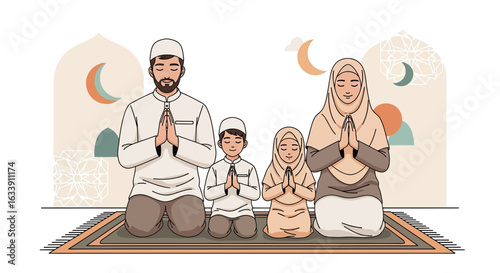 Peaceful Muslim Family Praying Together In Traditional Garb During Ramadan