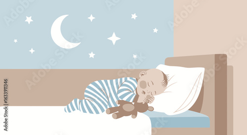 Peaceful Night Slumber Of Baby With Cute Teddy In Nursery Scene