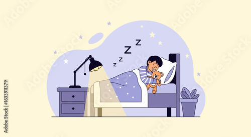 Peaceful Night Young Boy Sleeps With His Teddy Bear In Bed Time