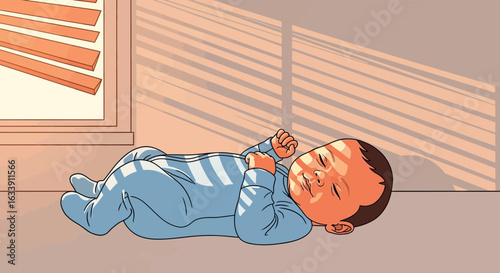 Peaceful Slumber Baby Lying Bathed In Light Near Window Interior Illustration