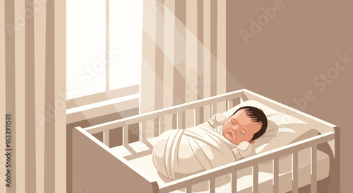 Peaceful Slumber Newborn Baby Resting in a Crib with Sunlight Streaming