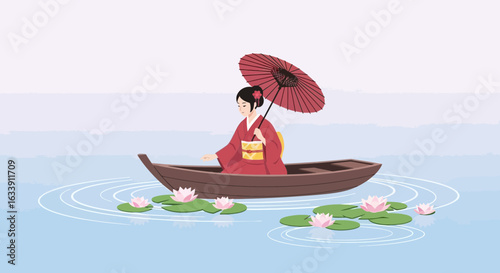 Peaceful Woman Floating On Calm Water With Lotus Flowers On Wooden Boat
