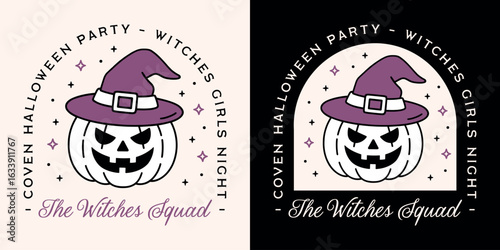 Witches halloween coven party girls night besties squad crew funny shirt design logo pumpkin wearing witch hat. Creepy spooky scary magic theme purple aesthetic printable illustration poster decor.