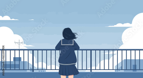 Pensive Schoolgirl Contemplating the Skyline Above Urban Landscape In The City