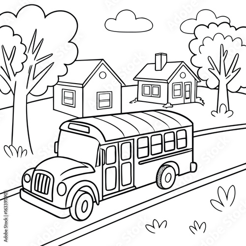 Back to school coloring page - Bus on countryside