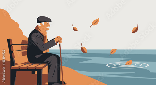 Pensive Senior Man Sitting on Bench Enjoying Autumn Season By The Sea