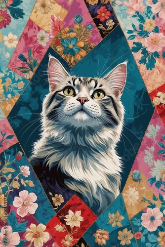 Painting depicting a gray cat surrounded by colorful flowers.