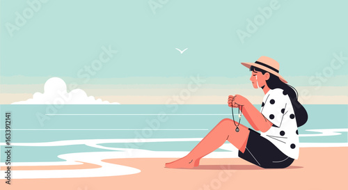 Pensive Young Woman Sits on Beach Contemplating Relationship Sadness Emotion