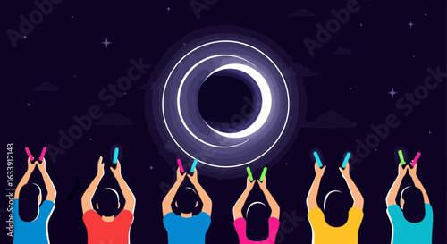 People Celebrate The Eclipse Event Using Glow Sticks At Night Outdoors