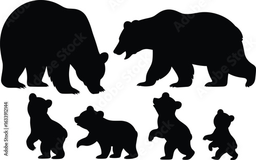 Silhouette of bear family, mother bear, father bear, bear cubs, wildlife illustration, nature art, black and white vector design