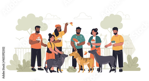 People Visit And Feed Rare And Extinct Animals In The Future Zoo Concept