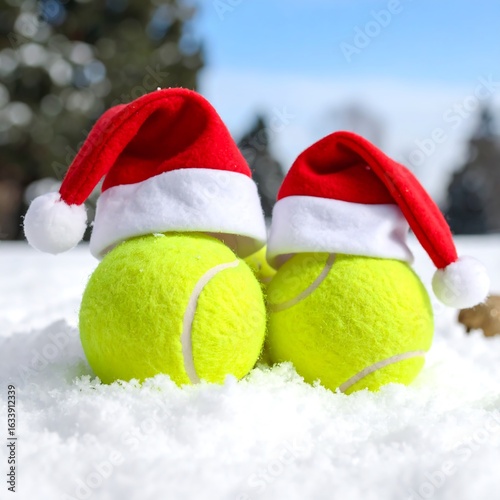 Tennis balls in Santa hats in snow