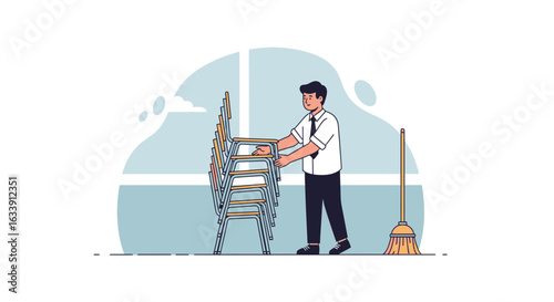 Person Arranging Chairs After Event Cleanup In A Room With Mop