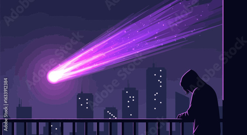 Person Contemplates A Falling Star Over Futuristic City Skyline At Night