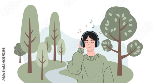 Person Enjoying Music In A Forest Scene For A Relaxing Lifestyle
