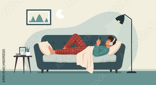 Person Relaxing In Pajamas At Home Listening To Music On The Sofa