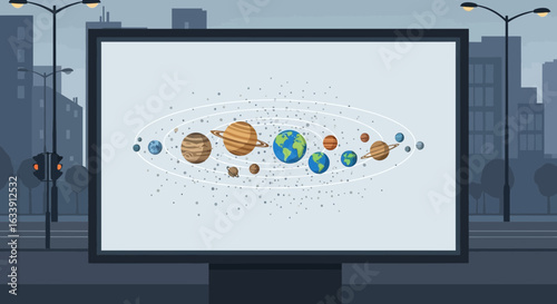 Planetary System In Universe Displayed On An Advertising Billboard At Night