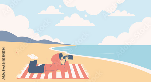 Person Lying On Blanket Observing The Seaside With A Telescope