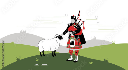 Piper With Sheep In Scottish Highlands Traditional Rural Scene Illustration