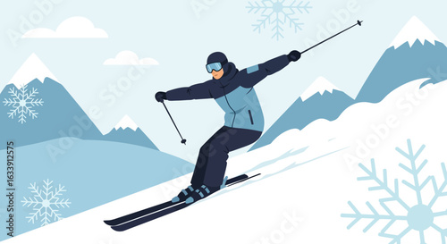 Person Skiing Downhill in Mountains Winter Landscape With Snowflakes Falling