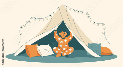 Playful Indoor Camping Adventure With Cozy Tent And Joyful Child Illustration