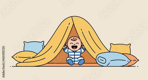 Playful Cartoon Infant Inside A Cozy Pillow Fort Smiling With Happiness
