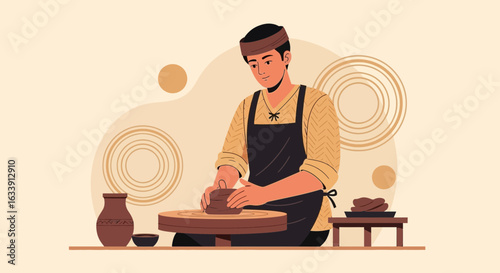 Potter Skillfully Shaping Clay on Wheel In Studio With Bohemian Aesthetic