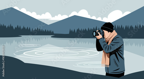 Photographer Capturing Nature's Splendor By The Lakeside With Mountain View