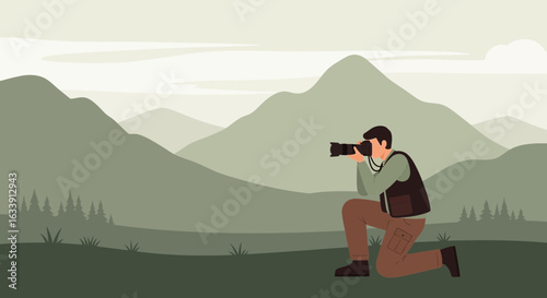 Photographer Capturing Scenic Mountain Vista In The Great Outdoors On Assignment