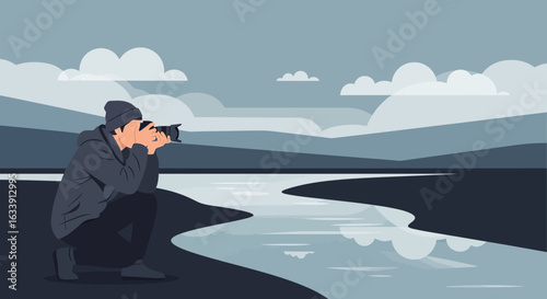 Photographer Capturing Serene Landscape With Winding River And Cloudy Skies