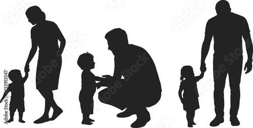 Silhouette of family bonding, parents and children, holding hands, walking together, nurturing relationships, emotional connection, parenting moments, love, care, support