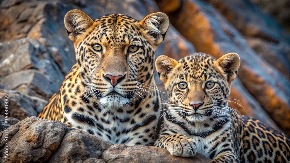Obraz premium Photo of leopard mother and cub resting on rocks