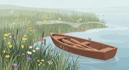 Serene Lakeside Scene With Wooden Rowboat And Wildflowers Illustration