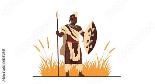 Proud Zulu Warrior Standing Tall with Spear and Shield on the Savannah