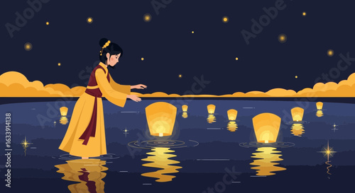 Serene Night Scene With Young Woman Releasing Glowing Sky Lanterns On The Water