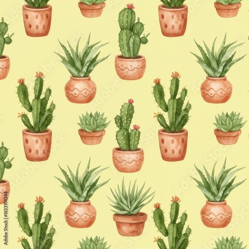 Watercolor illustration of potted cacti and succulents in terracotta pots seamless pattern isolated on white background