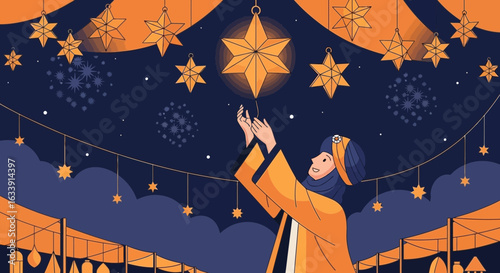 Ramadan Night Festival With Sparkling Stars And Cheerful Muslim Woman Enjoying The Celebration