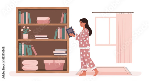 Reading At Home Woman Choosing A Book From Bookshelf In Pajamas