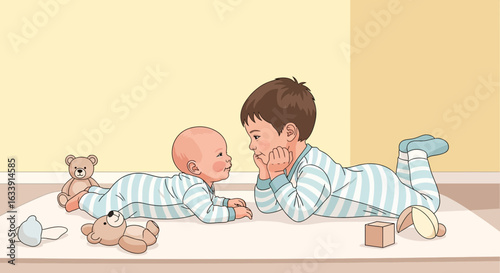 Sibling Connection Two Kids in Pajamas Having a Bonding Moment On the Floor