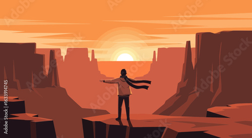 Silhouette Of Person With Open Arms Overlooking Grand Canyon At Sunset