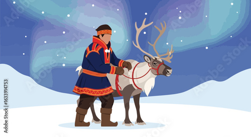 Reindeer Herding Under the Northern Lights in a Winter Wonderland Scene