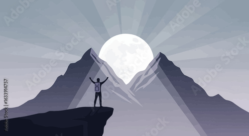 Silhouette Of Hiker Celebrating Victory At Mountain Summit At Moonrise