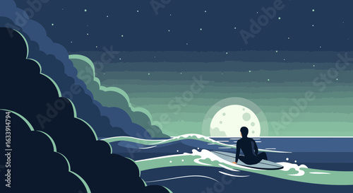 Silhouette Of Surfer Enjoying Moonlit Ocean View At Night