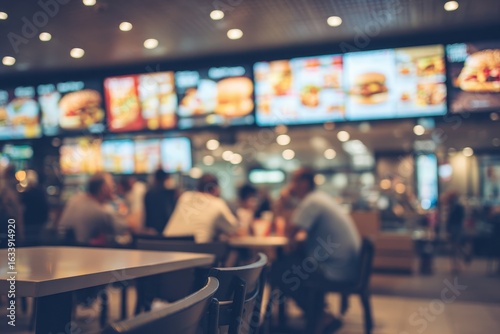 Blurred fast-food restaurant interior, many people eating