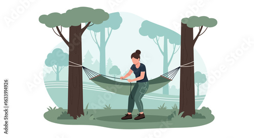 Relaxing Adventure Setup Woman Prepares Hammock for Outdoor Recreation