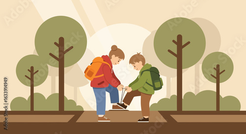 Sister Helps Little Brother Tie Shoelaces During A Walk In The Forest