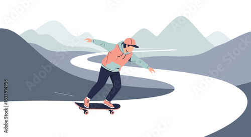 Skateboarder Enjoying a Picturesque Landscape Road Skating Scene Illustration
