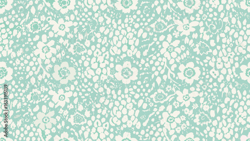 Floral pattern with white flowers and abstract shapes on a light teal background creating a vintage look