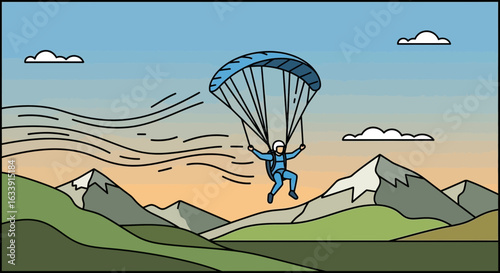 Skydiver Enjoys Parachuting Adventure Over The Mountains And Green Valley At Sunset