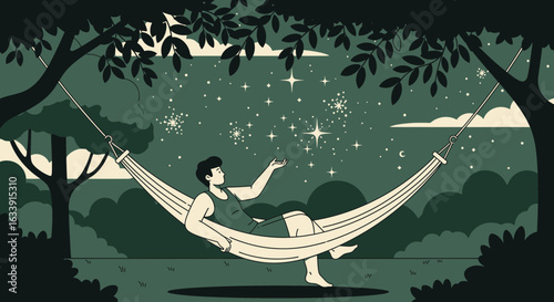 Relaxing Underneath Starry Sky In Hammock Surrounded By Nature Illustration